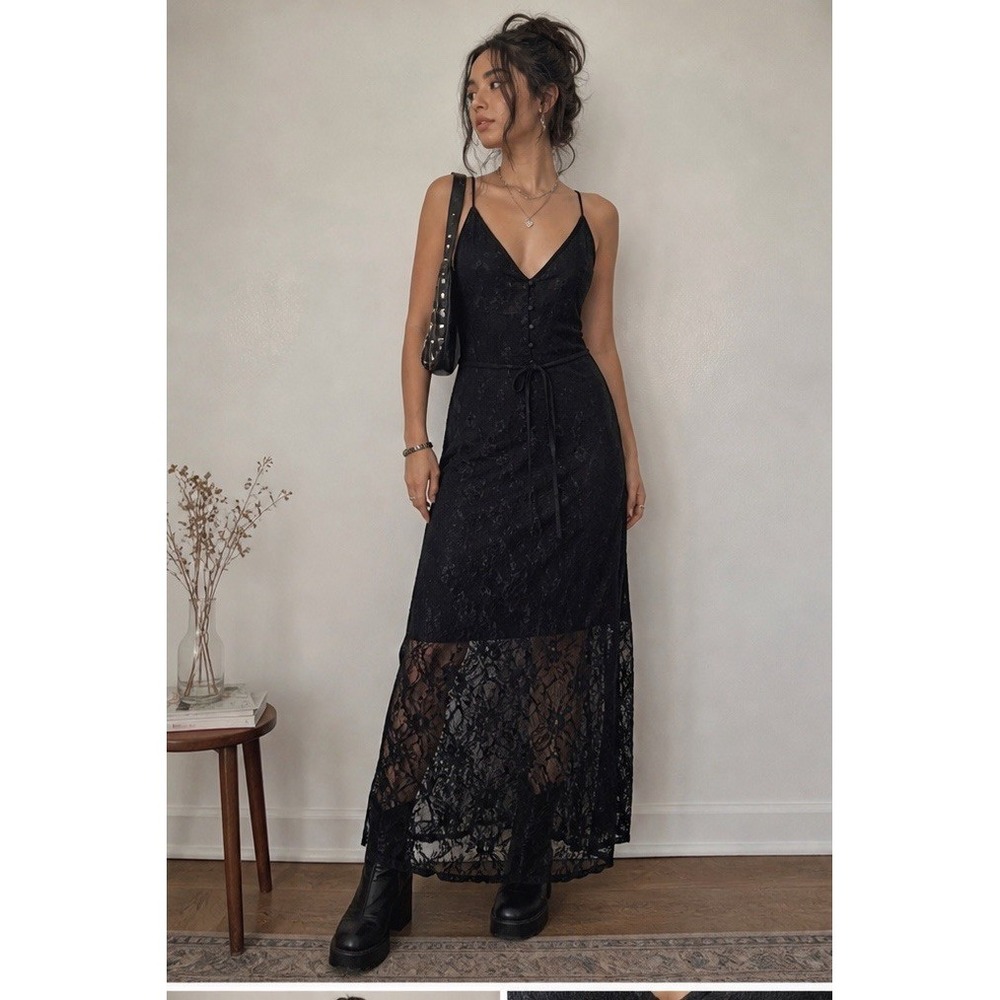 Guess Y2K Black Sheer Lace Maxi Dress Size 6 Sheer Slip Grunge Whimsigoth Edgy